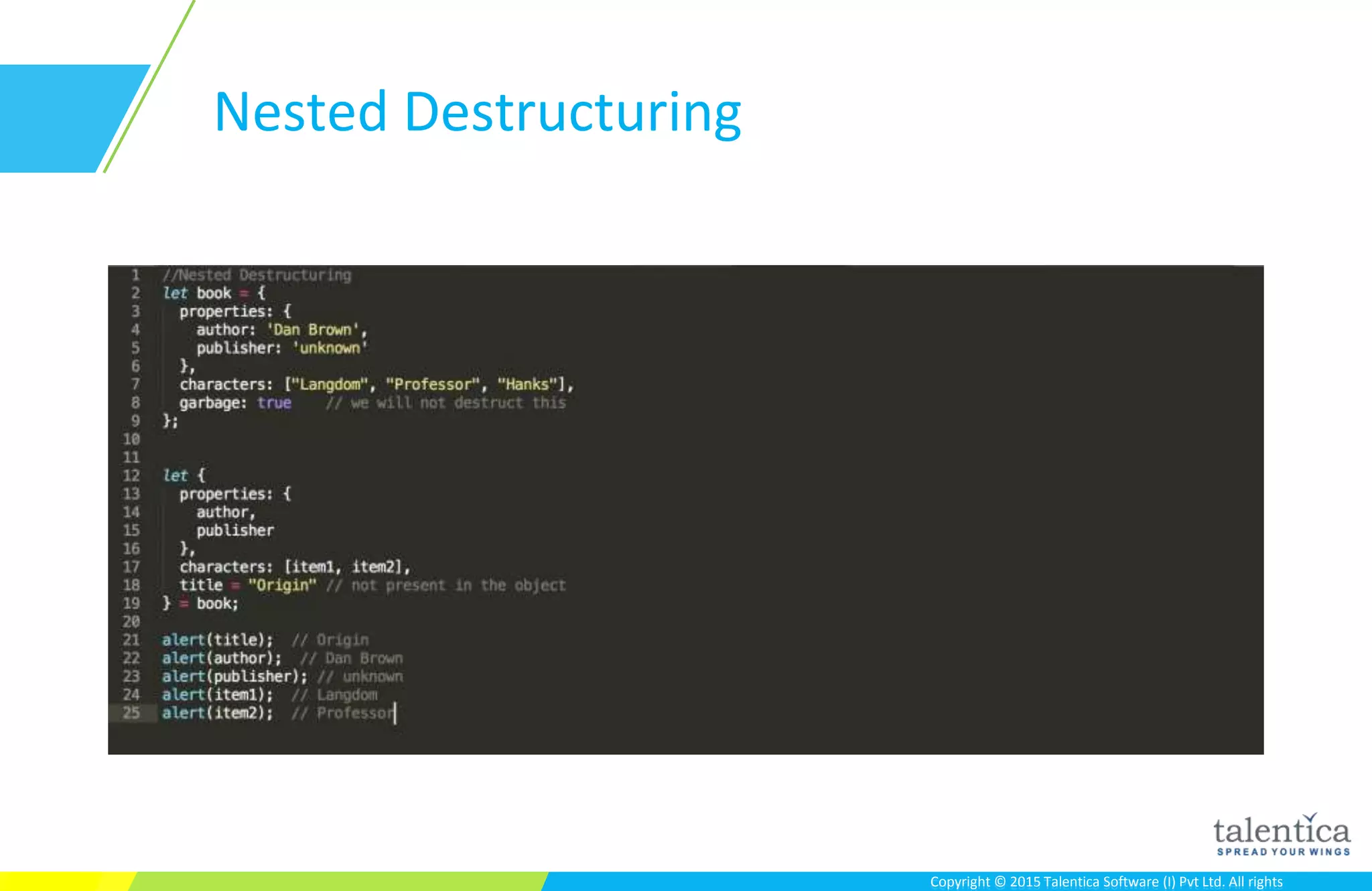 Copyright © 2015 Talentica Software (I) Pvt Ltd. All rightsCopyright © 2015 Talentica Software (I) Pvt Ltd. All rights
Nested Destructuring
 