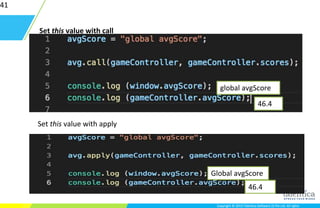 Copyright © 2015 Talentica Software (I) Pvt Ltd. All rightsCopyright © 2015 Talentica Software (I) Pvt Ltd. All rights
41
Set this value with call
Set this value with apply
global avgScore
46.4
Global avgScore
46.4
 