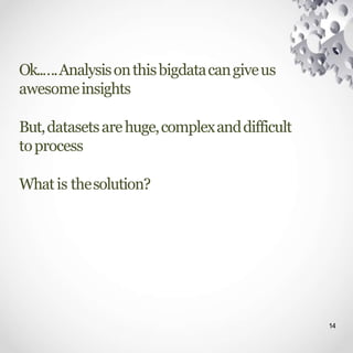 Ok..….Analysisonthisbigdatacangiveus
awesomeinsights
But,datasetsarehuge,complexanddifficult
toprocess
Whatis thesolution?
14
 