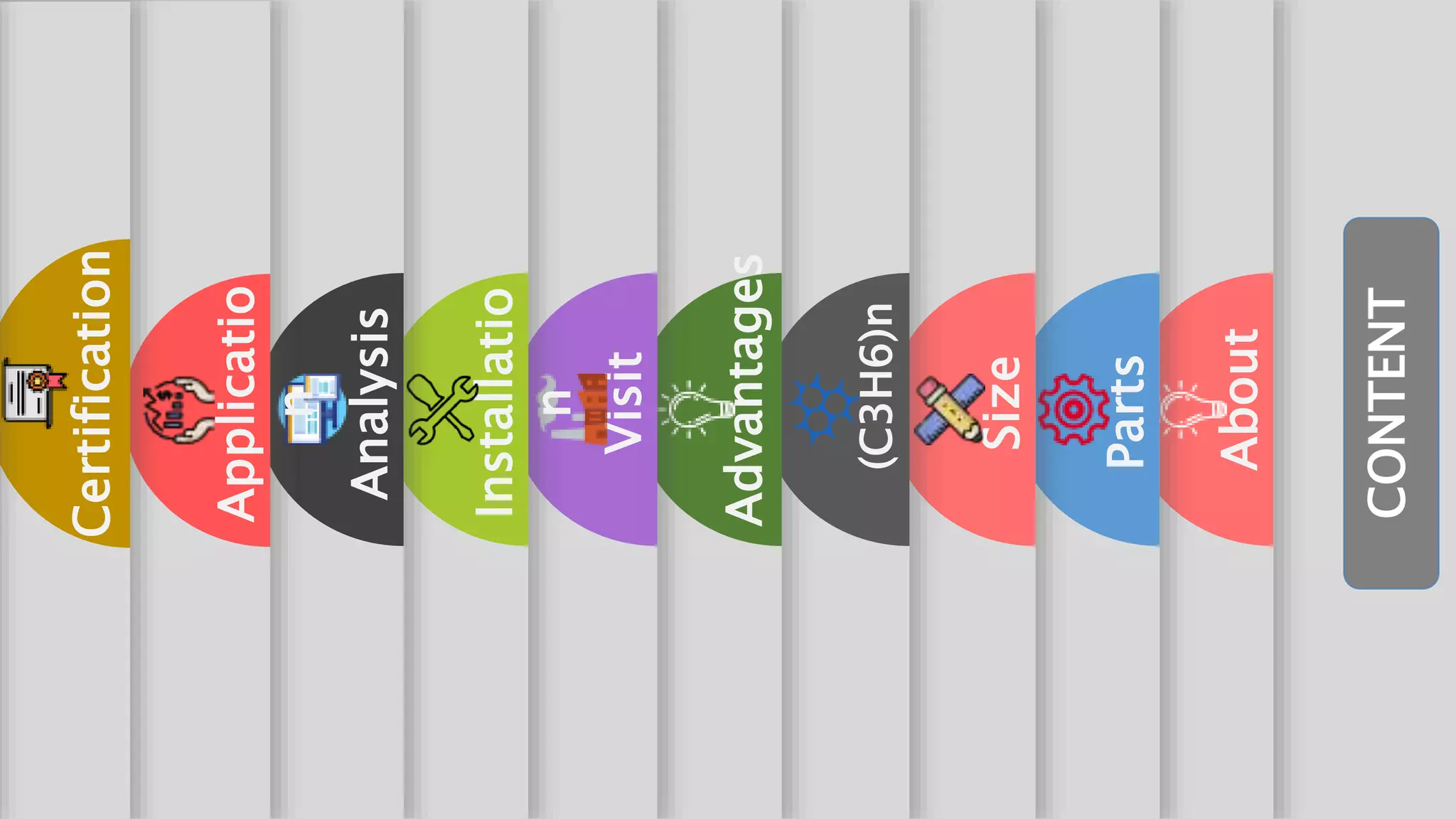 aboutAbout
aboutParts
aboutSize
about(C3H6)n
aboutAdvantages
aboutVisit
aboutInstallatio
n
aboutAnalysis
aboutApplicatio
n
aboutCertification
CONTENT
 