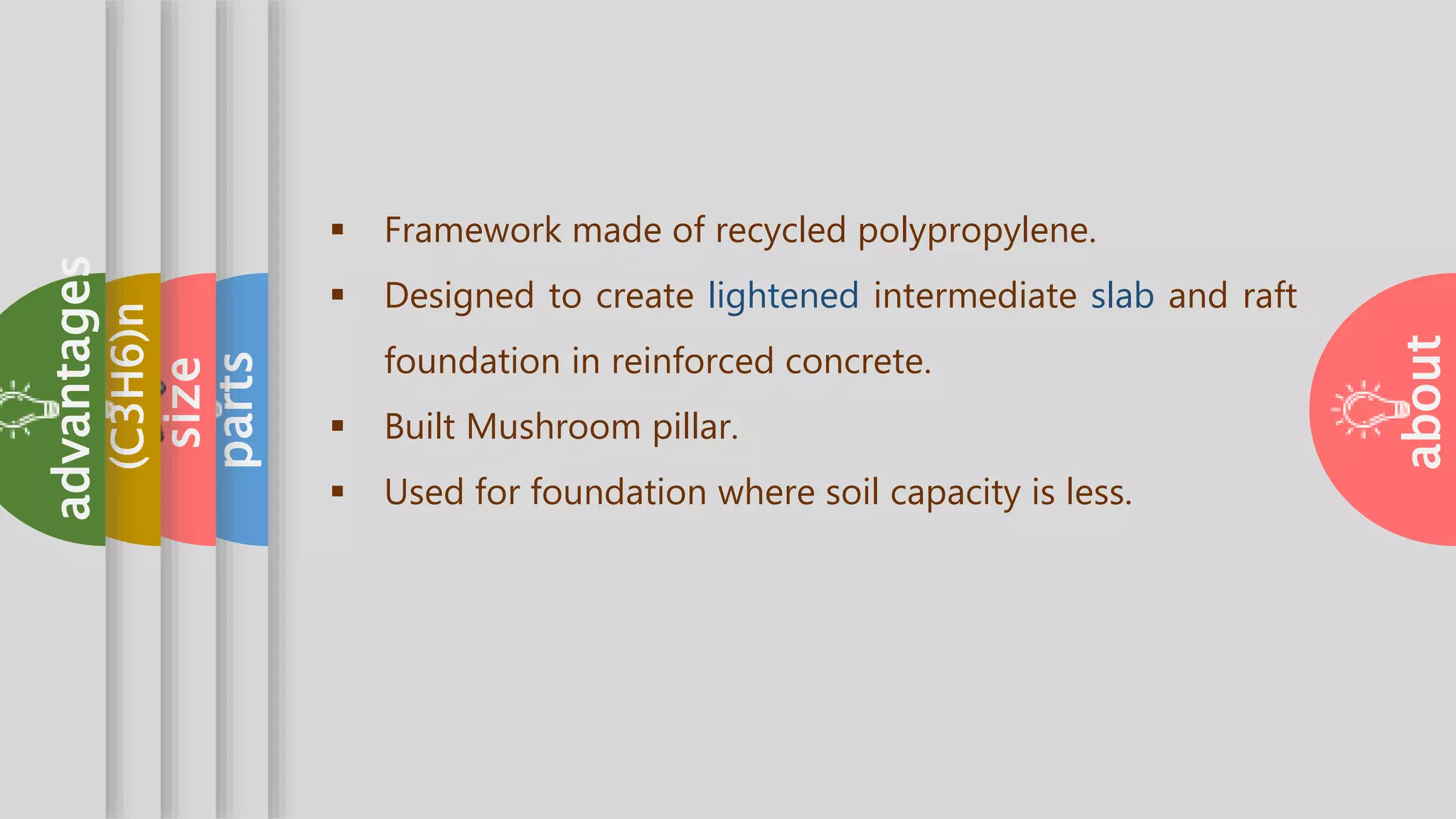 aboutabout
aboutparts
aboutsize
about(C3H6)n
aboutadvantages
 Framework made of recycled polypropylene.
 Designed to create lightened intermediate slab and raft
foundation in reinforced concrete.
 Built Mushroom pillar.
 Used for foundation where soil capacity is less.
 