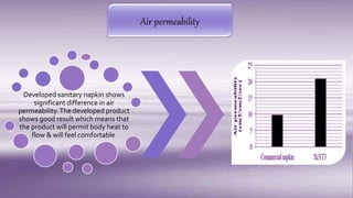 Air permeability
Developed sanitary napkin shows
significant difference in air
permeability.The developed product
shows good result which means that
the product will permit body heat to
flow & will feel comfortable.
 