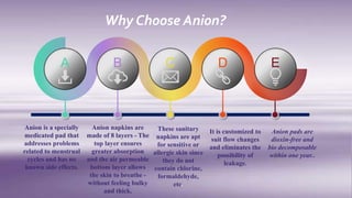 Why Choose Anion?
A B C D E
Anion is a specially
medicated pad that
addresses problems
related to menstrual
cycles and has no
known side effects.
Anion napkins are
made of 8 layers - The
top layer ensures
greater absorption
and the air permeable
bottom layer allows
the skin to breathe -
without feeling bulky
and thick.
These sanitary
napkins are apt
for sensitive or
allergic skin since
they do not
contain chlorine,
formaldehyde,
etc.
It is customized to
suit flow changes
and eliminates the
possibility of
leakage.
Anion pads are
dioxin-free and
bio decomposable
within one year..
 