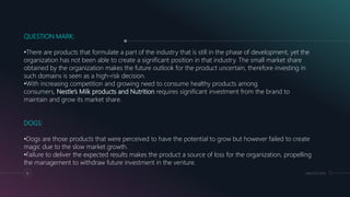 MM.DD.20XX15
QUESTION MARK:
•There are products that formulate a part of the industry that is still in the phase of development, yet the
organization has not been able to create a significant position in that industry. The small market share
obtained by the organization makes the future outlook for the product uncertain, therefore investing in
such domains is seen as a high-risk decision.
•With increasing competition and growing need to consume healthy products among
consumers, Nestle’s Milk products and Nutrition requires significant investment from the brand to
maintain and grow its market share.
DOGS:
•Dogs are those products that were perceived to have the potential to grow but however failed to create
magic due to the slow market growth.
•Failure to deliver the expected results makes the product a source of loss for the organization, propelling
the management to withdraw future investment in the venture.
 
