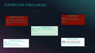 MM.DD.20XX4
PORTER’S FIVE FORCES MODEL
Bargaining Power of Suppliers –
Low– Big FMCG companies are able to
dictate the prices through local sourcing
from a fragmented group of key commodity
suppliers.
Threat of Substitutes –
High–Presence of multiple brands.
Narrow product differentiation under many
brands.
Price war.
Competitive Rivalry–
High– Private label brands by retailers are priced at a
discount to mainframe brand limits competition for the
weak brands.
Highly fragmented industry as more MNCs are entering.
Bargaining Power of buyers–
High– Low switching cost induces the customers’
product shift.
Influence of marketing strategies.
Availability of same or similar alternatives.
Threat of New Entrants–
Medium - Huge investments in setting up
distribution network and promoting brands.
Spending on advertisements is aggressive.
 