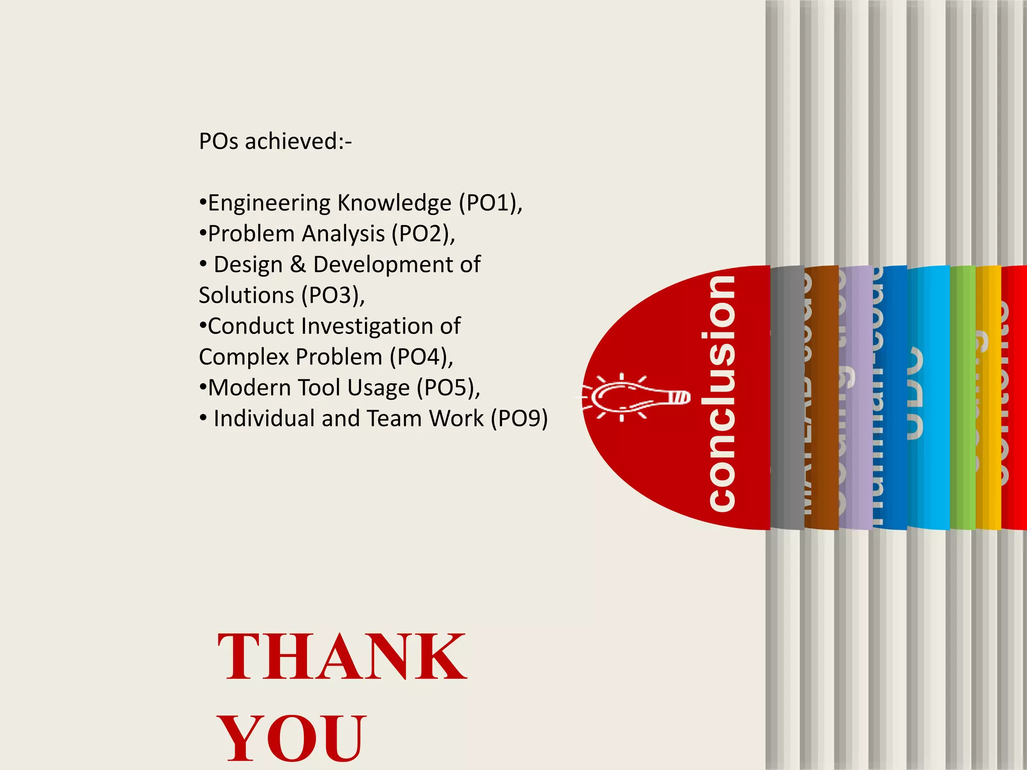 contents
coding
FLCvsVLC
UDC
Huffman-code
Codingtree
MATLAB-code
Input-output
conclusion
POs achieved:-
•Engineering Knowledge (PO1),
•Problem Analysis (PO2),
• Design & Development of
Solutions (PO3),
•Conduct Investigation of
Complex Problem (PO4),
•Modern Tool Usage (PO5),
• Individual and Team Work (PO9)
THANK
YOU
 