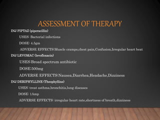 ASSESSMENT OF THERAPY
INJ PIPTAZ (piperacillin)
USES: Bacterial infections
DOSE: 4.5gm
ADVERSE EFFECTS:Muscle cramps,chest pain,Confusion,Irregular heart beat
INJ LEVOMAC (levofloxacin)
USES:Broad spectrum antibiotic
DOSE:500mg
ADVERSE EFFECTS:Nausea,Diarrhea,Headache,Dizziness
INJ DERIPHYLLINE (Theophylline)
USES: treat asthma,bronchitis,lung diseases
DOSE: 1Amp
ADVERSE EFFECTS: irregular heart rate,shortness of breath,dizziness
 