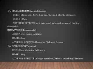 INJ SOLUMEDROL(Methyl prednisolone)
USES:Relieve pain &swelling in arthritis & allergic disorders
DOSE: 125mg
ADVERSE EFFECTS:wait gain,mood swings,slow wound healing,
depression
INJ PANTOCID (Pantoprazole)
USES:Proton pump inhibitor
DOSE:40mg
ADVERSE EFFECTS:Headache,Diahhrea,Rashes
INJ OPTINEURON(Thiamine)
USES:Treat thaimine deficiency,
DOSE:1Amp
ADVERSE EFFECTS: Allergic reactions,Difficult breathing,Dizziness
 