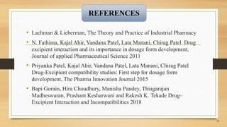 • Lachman & Lieberman, The Theory and Practice of Industrial Pharmacy
• N. Fathima, Kajal Ahir, Vandana Patel, Lata Manani, Chirag Patel Drug
excipient interaction and its importance in dosage form development,
Journal of applied Pharmaceutical Science 2011
• Priyanka Patel, Kajal Ahir, Vandana Patel, Lata Manani, Chirag Patel
Drug-Excipient compatibility studies: First step for dosage form
development, The Pharma Innovation Journal 2015
• Bapi Gorain, Hira Choudhury, Manisha Pandey, Thiagarajan
Madheswaran, Prashant Kesharwani and Rakesh K. Tekade Drug–
Excipient Interaction and Incompatibilities 2018
22
REFERENCES
 