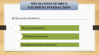 6
MECHANISM OF DRUG
EXCIPIENT INTERACTION
 They can be classified as-
Physical interaction
Chemical interaction
Biopharmaceutical interaction
 
