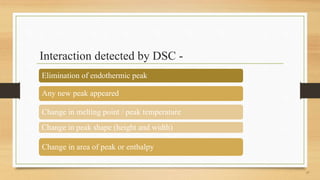 Interaction detected by DSC -
17
Elimination of endothermic peak
Any new peak appeared
Change in melting point / peak temp...