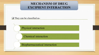 6
MECHANISM OF DRUG
EXCIPIENT INTERACTION
 They can be classified as-
Physical interaction
Chemical interaction
Biopharma...