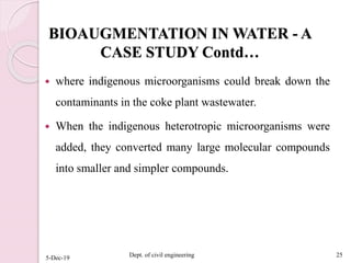 BIOAUGMENTATION IN WATER - A
CASE STUDY Contd…
 where indigenous microorganisms could break down the
contaminants in the coke plant wastewater.
 When the indigenous heterotropic microorganisms were
added, they converted many large molecular compounds
into smaller and simpler compounds.
5-Dec-19 Dept. of civil engineering 25
 
