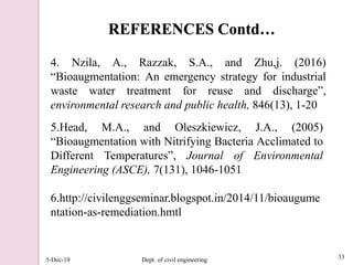 5-Dec-19 Dept. of civil engineering 33
REFERENCES Contd…
4. Nzila, A., Razzak, S.A., and Zhu,j. (2016)
“Bioaugmentation: An emergency strategy for industrial
waste water treatment for reuse and discharge”,
environmental research and public health, 846(13), 1-20
5.Head, M.A., and Oleszkiewicz, J.A., (2005)
“Bioaugmentation with Nitrifying Bacteria Acclimated to
Different Temperatures”, Journal of Environmental
Engineering (ASCE), 7(131), 1046-1051
6.http://civilenggseminar.blogspot.in/2014/11/bioaugume
ntation-as-remediation.hmtl
 