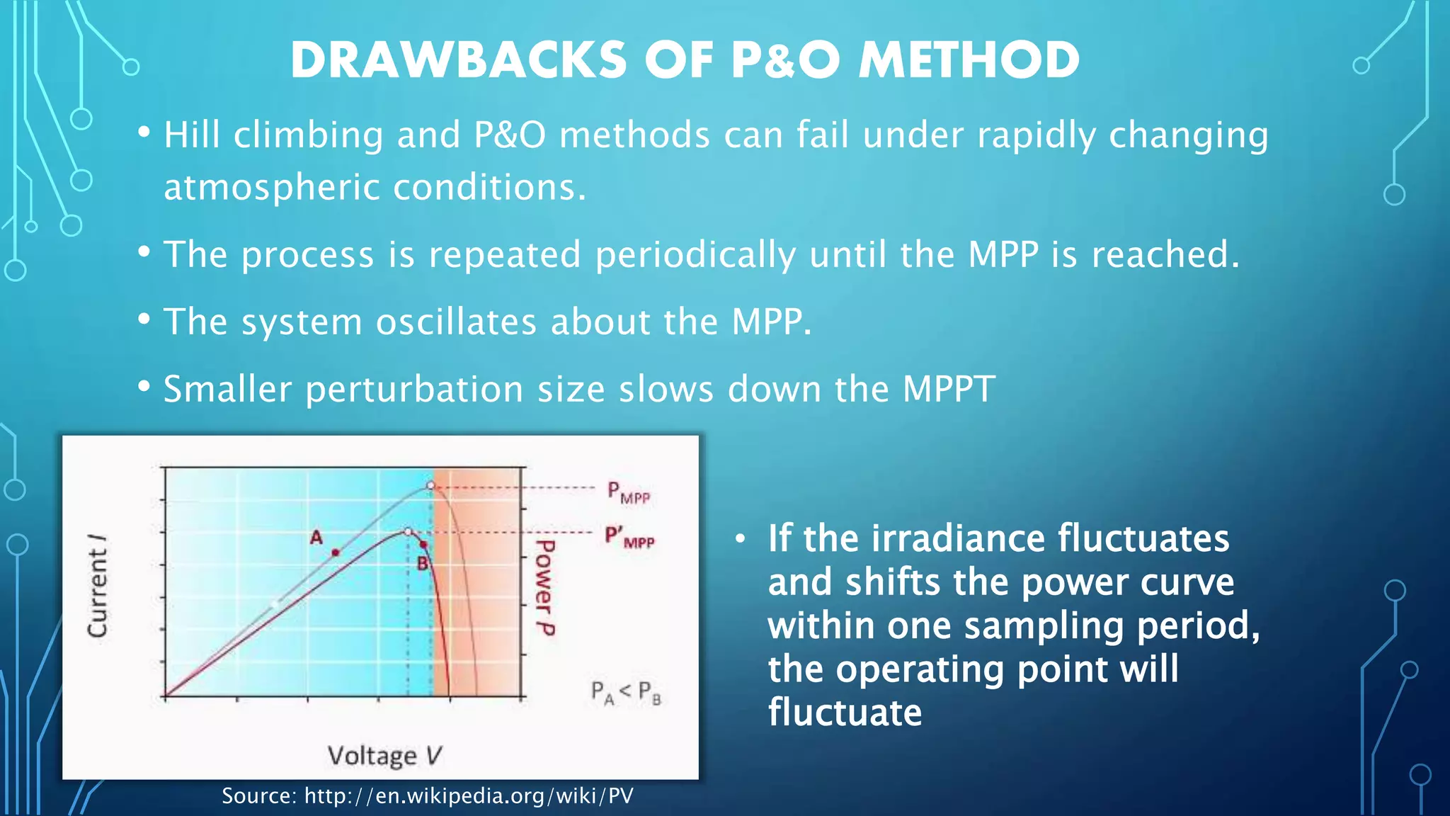 DRAWBACKS OF P&O METHOD
• Hill climbing and P&O methods can fail under rapidly changing
atmospheric conditions.
• The process is repeated periodically until the MPP is reached.
• The system oscillates about the MPP.
• Smaller perturbation size slows down the MPPT
• If the irradiance fluctuates
and shifts the power curve
within one sampling period,
the operating point will
fluctuate
Source: http://en.wikipedia.org/wiki/PV
 
