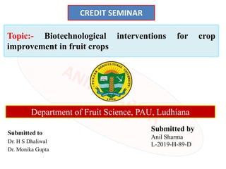 Topic:- Biotechnological interventions for crop
improvement in fruit crops
Submitted to
Dr. H S Dhaliwal
Dr. Monika Gupta
Submitted by
Anil Sharma
L-2019-H-89-D
CREDIT SEMINAR
Department of Fruit Science, PAU, Ludhiana
 