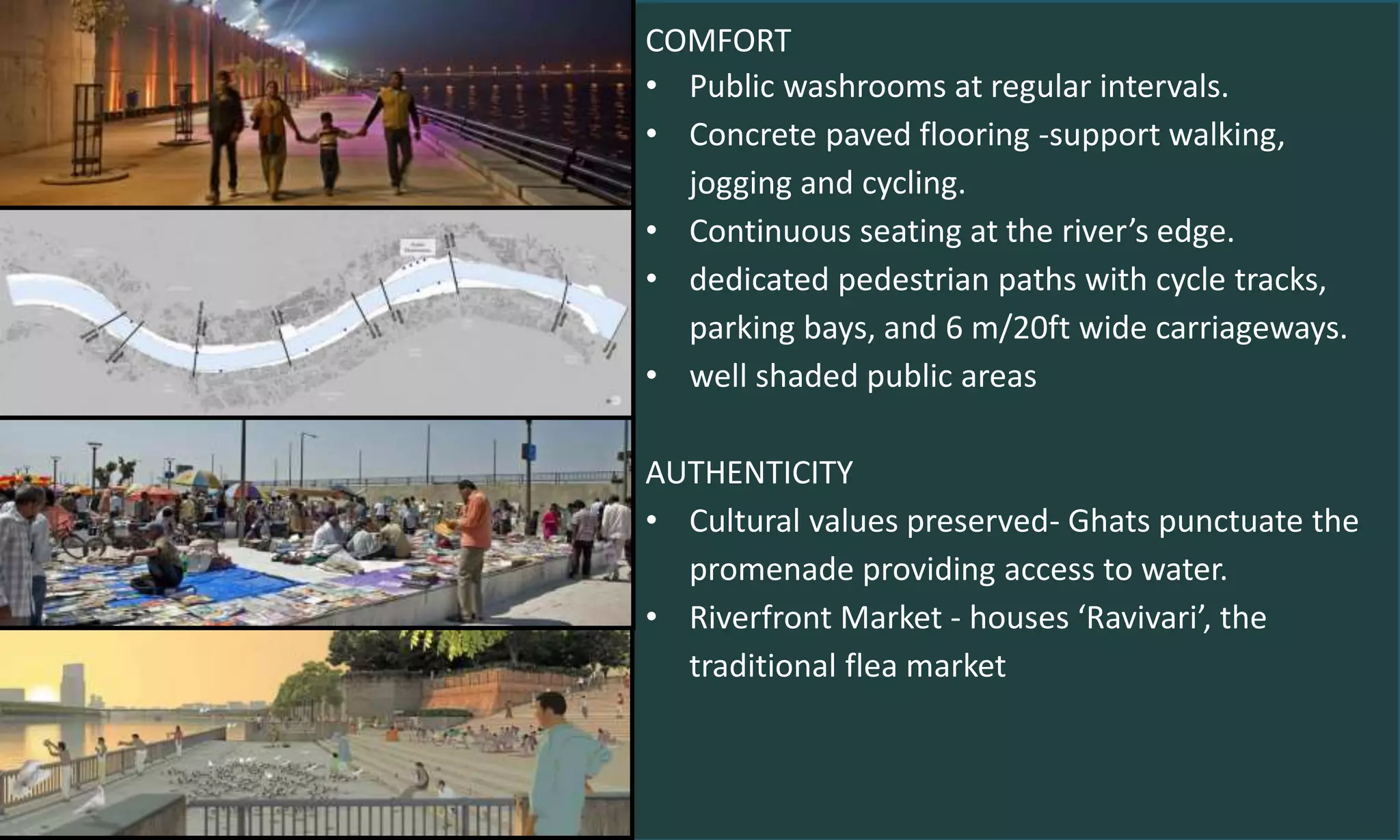 COMFORT
• Public washrooms at regular intervals.
• Concrete paved flooring -support walking,
jogging and cycling.
• Continuous seating at the river’s edge.
• dedicated pedestrian paths with cycle tracks,
parking bays, and 6 m/20ft wide carriageways.
• well shaded public areas
AUTHENTICITY
• Cultural values preserved- Ghats punctuate the
promenade providing access to water.
• Riverfront Market - houses ‘Ravivari’, the
traditional flea market
 