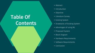 Table Of
Contents
• Abstract
• Introduction
• Objective
• Literature Survey
• Existing System
• Drawbacks of Existing System
• Advantages of using ML
• Proposed System
• Block Diagram
• Software Requirements
• Conclusion
• Hardware Requirements
 