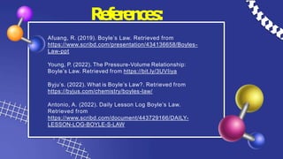 References:
Afuang, R. (2019). Boyle’s Law. Retrieved from
https://www.scribd.com/presentation/434136658/Boyles-
Law-ppt
Young, P. (2022). The Pressure-Volume Relationship:
Boyle’s Law. Retrieved from https://bit.ly/3UVIiya
Byju’s. (2022). What is Boyle’s Law?. Retrieved from
https://byjus.com/chemistry/boyles-law/
Antonio, A. (2022). Daily Lesson Log Boyle’s Law.
Retrieved from
https://www.scribd.com/document/443729166/DAILY-
LESSON-LOG-BOYLE-S-LAW
 