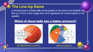 The Line-Up Game
A printed picture of these balls will be pasted on the board and students will
line-up in front of the image they think represents the correct answer to the
question.
Which of these balls has a higher pressure?
BASKETBALLBALL BEACH BALL
 