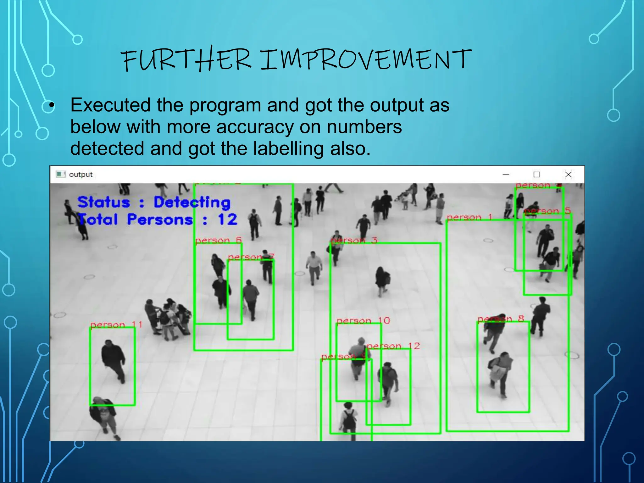 • Executed the program and got the output as
below with more accuracy on numbers
detected and got the labelling also.
FURTHER IMPROVEMENT
 