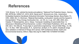 References
13
1] M. Ahrens, “U.S. vehicle fire trends and patterns,” National Fire Protection Assoc., Quincy,
MA, NFPA No. USS27-01, 2010. [2] N. Navet and F. Simonot-Lion, Eds., Automotive
Embedded Systems Handbook (Industrial Information Technology Series). Boca Raton, FL:
CRC, 2008. [3] I. S. Wichman, “Material flammability, combustion, toxicity and fire hazard in
transportation,” Prog. Energy Combustion Sci., vol. 29, no. 3, pp. 247–299, 2003. [4] L.
Halada, P. Weisenpacher, and J. Glasa, “Computer modelling of automobile fires,” in
Advances in Modeling of Fluid Dynamics. London: InTechOpen Publishers, 2012, pp. 203–
228. [5] C. Von Altruck, “Fuzzy logic in automotive engineering,” Circuit Cellar Mag., no. 88,
pp. 1–9, Nov. 1997. [6] Candra, R. A., Suherman, & Ilham, D. N. (2021). Amplitude range
data validation in Internet of Things (IoT) sensor. IOP Conference Series: Earth and
Environmental Science, 644(1). https://doi.org/10.1088/1755-1315/644/1/012063 .
 