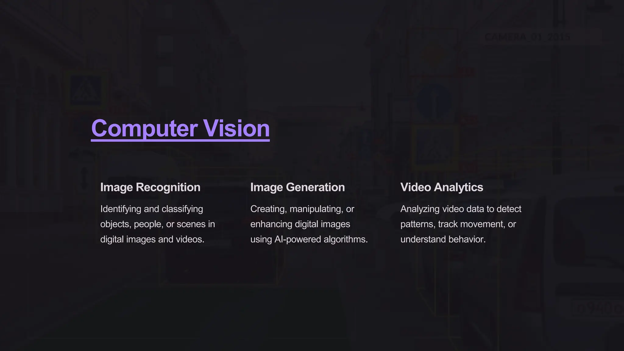 Computer Vision
Image Recognition
Identifying and classifying
objects, people, or scenes in
digital images and videos.
Image Generation
Creating, manipulating, or
enhancing digital images
using AI-powered algorithms.
Video Analytics
Analyzing video data to detect
patterns, track movement, or
understand behavior.
 