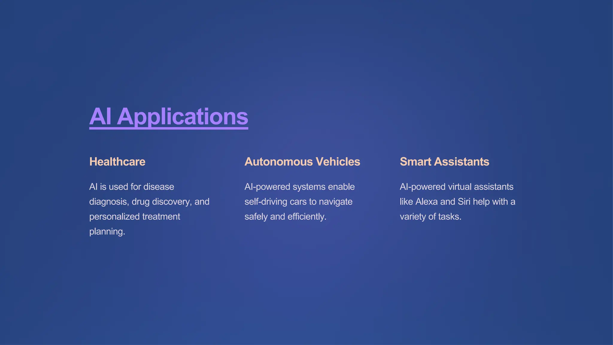 AI Applications
Healthcare
AI is used for disease
diagnosis, drug discovery, and
personalized treatment
planning.
Autonomous Vehicles
AI-powered systems enable
self-driving cars to navigate
safely and efficiently.
Smart Assistants
AI-powered virtual assistants
like Alexa and Siri help with a
variety of tasks.
 