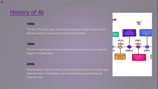 33
History of AI
1950s
The field of AI was founded, with early pioneers such as Alan Turing and John
McCarthy laying the groundwork for future advancements.
1980s
The rise of expert systems and knowledge-based approaches led to significant
progress in AI applications.
2000s
Breakthroughs in machine learning, particularly deep learning, have fueled rapid
advancements in AI capabilities, such as natural language processing and
computer vision.
 