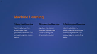 3.
Machine Learning
1.Supervised Learning
Algorithms that learn from
labeled data to make
predictions or decisions, such
as image recognition or spam
filtering.
2.Unsupervised Learning
Algorithms that discover
patterns in unlabeled data,
such as clustering and
dimensionality reduction.
3.Reinforcement Learning
Algorithms that learn by
interacting with an environment
and receiving feedback, such
as playing games or controlling
robots.
 