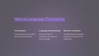 Natural Language Processing
Text Analysis
Extracting meaning and insights
from unstructured text data.
Language Understanding
Enabling machines to
comprehend and respond to
human language.
Machine Translation
Translating between languages,
improving communication and
collaboration.
 
