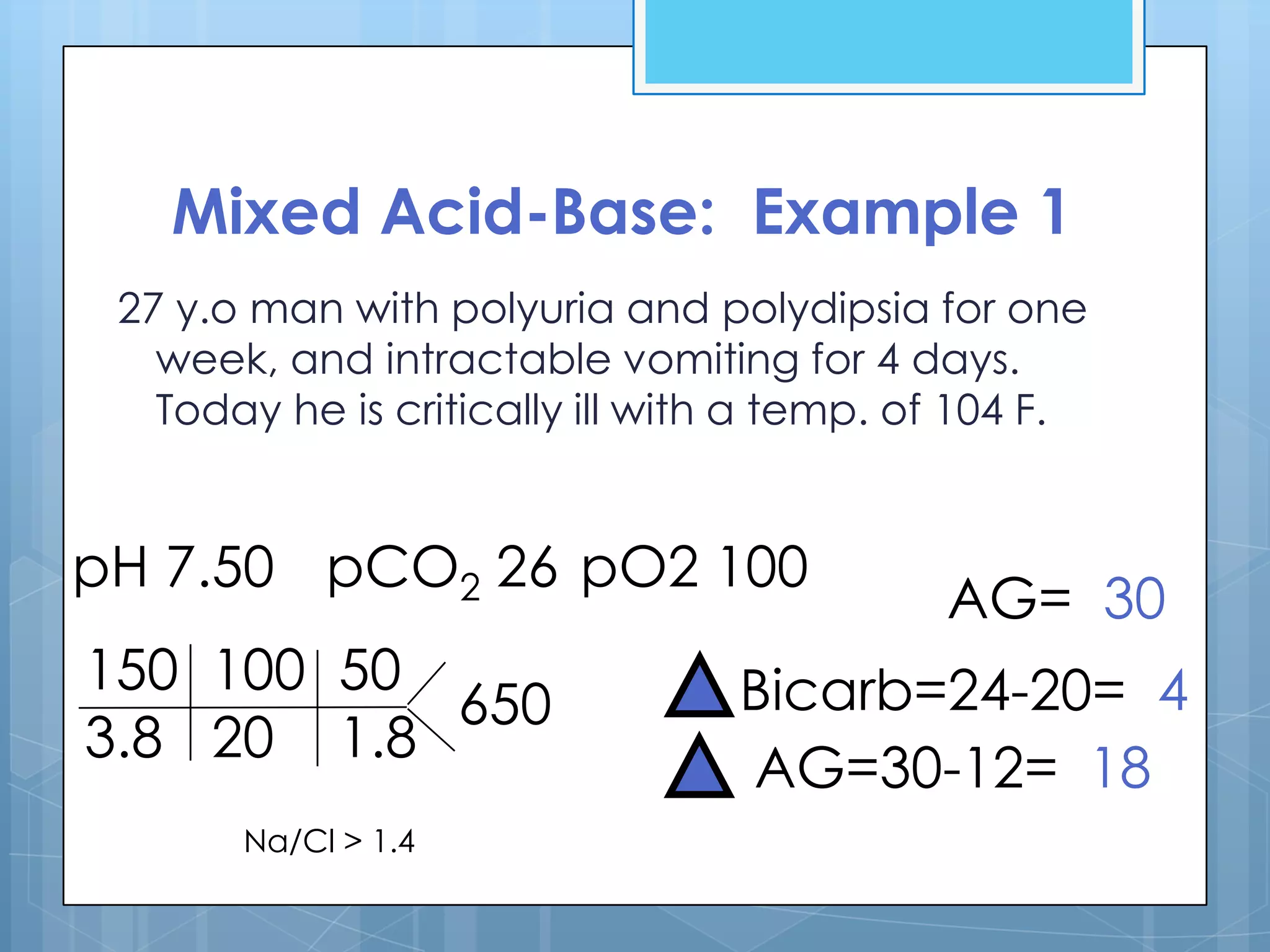 Mixed Acid-Base: Example 1
 27 y.o man with polyuria and polydipsia for one
   week, and intractable vomiting for 4 days.
   Today he is critically ill with a temp. of 104 F.


pH 7.50 pCO2 26 pO2 100
                                            AG= 30
150 100 50                       Bicarb=24-20= 4
           650
3.8 20 1.8
                                 AG=30-12= 18
       Na/Cl > 1.4
 
