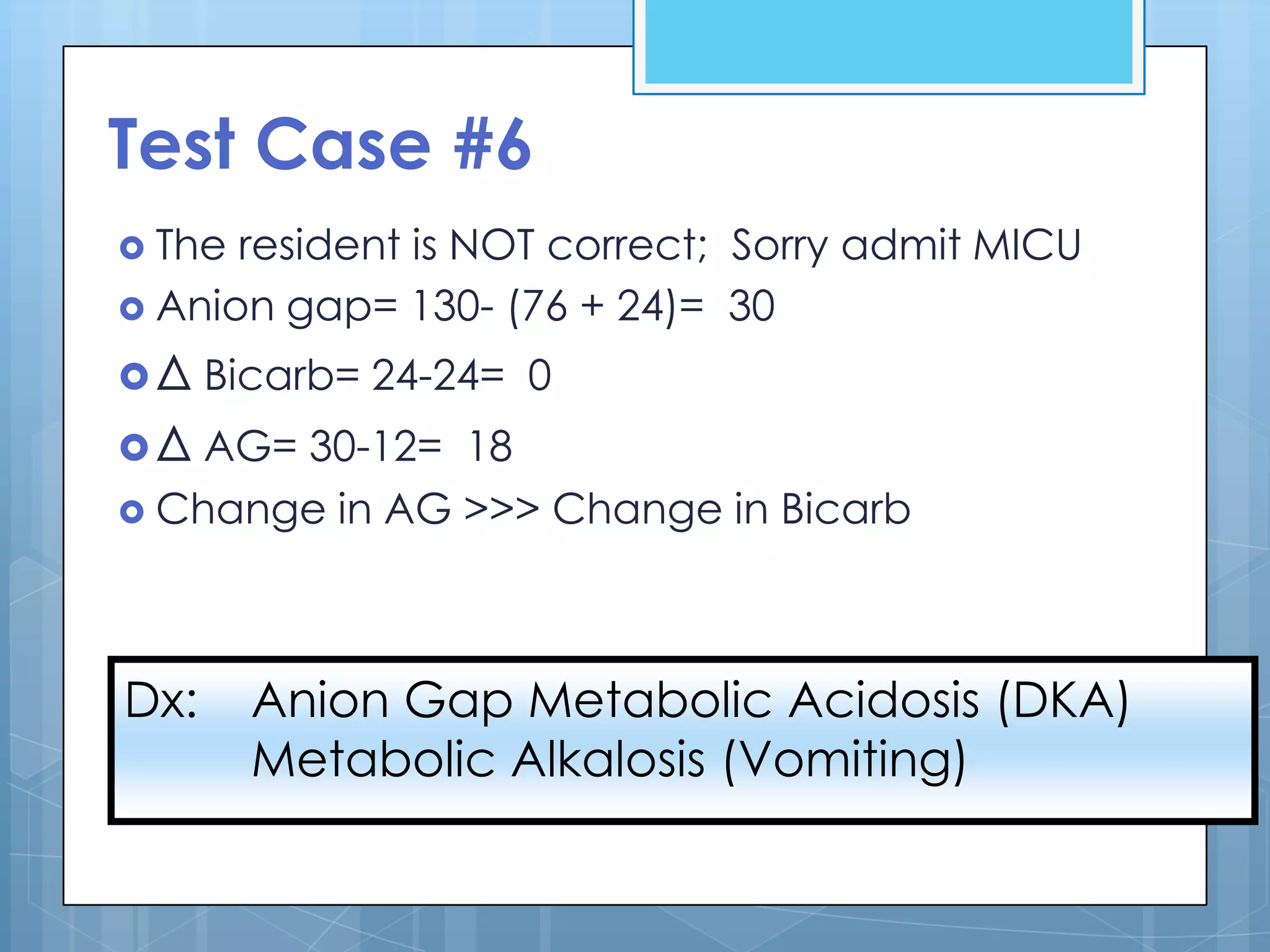 Test Case #6
 The resident is NOT correct; Sorry admit MICU
 Anion gap= 130- (76 + 24)= 30

 Δ Bicarb= 24-24= 0
 Δ AG= 30-12= 18
 Change   in AG >>> Change in Bicarb



Dx:     Anion Gap Metabolic Acidosis (DKA)
        Metabolic Alkalosis (Vomiting)
 