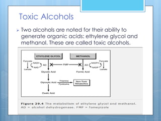 Toxic Alcohols
   Two alcohols are noted for their ability to
    generate organic acids: ethylene glycol and
    methanol. These are called toxic alcohols.
 