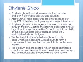 Ethylene Glycol
   Ethylene glycol is an odorless alcohol solvent used
    primarily in antifreeze and deicing solutions.
   About 70% of toxic exposures are unintentional, but
    only 15% of life-threatening exposures are unintentional.
   Ethylene glycol can be ingested, inhaled, or absorbed
    through the skin. Most life-threatening exposures involve
    ingestion. Absorption from the GI tract is rapid, and 80%
    of the ingested dose is metabolized in the liver.
    Metabolism is shown in figure.
   The final metabolite of ethylene glycol is oxalic
    acid, which can combine with calcium to form a
    calcium oxalate complex that precipitates in the renal
    tubules.
   The calcium oxalate crystals (which are recognizable
    on microscopic examination of the urine) can damage
    the renal tubules and produce acute renal failure.
 