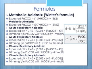 Formulas
 Metabolic       Acidosis: (Winter’s formula)
   Expected PaCO2 = (1.5×HCO3) + (8±2)
   Metabolic Alkalosis:
   Expected PaCO2 = (0.7×HCO3) + (21±2)
   Acute Respiratory Acidosis:
   Expected pH = 7.40 – [0.008 × (PaCO2 – 40)]
   10mmhg ↑ in PaCO2 will ↑ HCO3 by 1mmol/L
   Acute Respiratory Alkalosis:                           PaCO2
   Expected pH = 7.40 + [0.008 × (40 - PaCO2)]   H   24
                                                           HCO3
   10mmhg ↓in PaCO2 will ↑ HCO3 by 2mmol/L
   Chronic Respiratory Acidosis:
   Expected pH = 7.40 – [0.003 × (PaCO2 – 40)]
   10mmhg ↑ in PaCO2 will ↑ HCO3 by 4mmol/L
   Chronic Respiratory Alkalosis:
   Expected pH = 7.40 + [0.003 × (40 - PaCO2)]
   10mmhg ↓ in PaCO2 will ↑ HCO3 by 4mmol/L
 