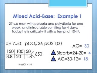 Mixed Acid-Base: Example 1
 27 y.o man with polyuria and polydipsia for one
   week, and intractable vomiting for 4 days.
   Today he is critically ill with a temp. of 104 F.


pH 7.50 pCO2 26 pO2 100
                                            AG= 30
150 100 50                       Bicarb=24-20= 4
           650
3.8 20 1.8
                                 AG=30-12= 18
       Na/Cl > 1.4
 