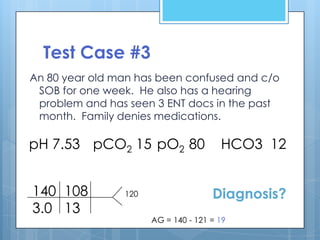 Test Case #3
An 80 year old man has been confused and c/o
 SOB for one week. He also has a hearing
 problem and has seen 3 ENT docs in the past
 month. Family denies medications.

pH 7.53 pCO2 15 pO2 80                 HCO3 12


140 108         120                  Diagnosis?
3.0 13
                      AG = 140 - 121 = 19
 