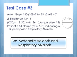 Test Case #3
Anion Gap= 140-(108+13)= 19, Δ AG = 7
Δ Bicarb= 24-13= 11
pCO2= 1.5 (12) + 8= 26 (compared/w 15)
Patient is Alkalemic (pH= 7.53) indicating a
 Superimposed Respiratory Alkalosis



   Dx: Metabolic Acidosis and
       Respiratory Alkalosis
 