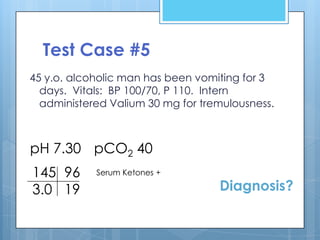 Test Case #5
45 y.o. alcoholic man has been vomiting for 3
  days. Vitals: BP 100/70, P 110. Intern
  administered Valium 30 mg for tremulousness.



pH 7.30 pCO2 40
145 96      Serum Ketones +

3.0 19                             Diagnosis?
 