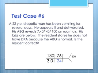 Test Case #6
A 22 y.o. diabetic man has been vomiting for
  several days. He appears ill and dehydrated.
  His ABG reveals 7.40/ 40/ 100 on room air. His
  labs are below. The resident states he does not
  have DKA because the ABG is normal. Is the
  resident correct?


                       130 76          800

                       3.0 24
 