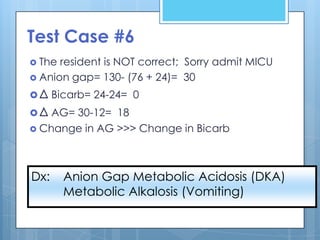 Test Case #6
 The resident is NOT correct; Sorry admit MICU
 Anion gap= 130- (76 + 24)= 30

 Δ Bicarb= 24-24= 0
 Δ AG= 30-12= 18
 Change   in AG >>> Change in Bicarb



Dx:     Anion Gap Metabolic Acidosis (DKA)
        Metabolic Alkalosis (Vomiting)
 