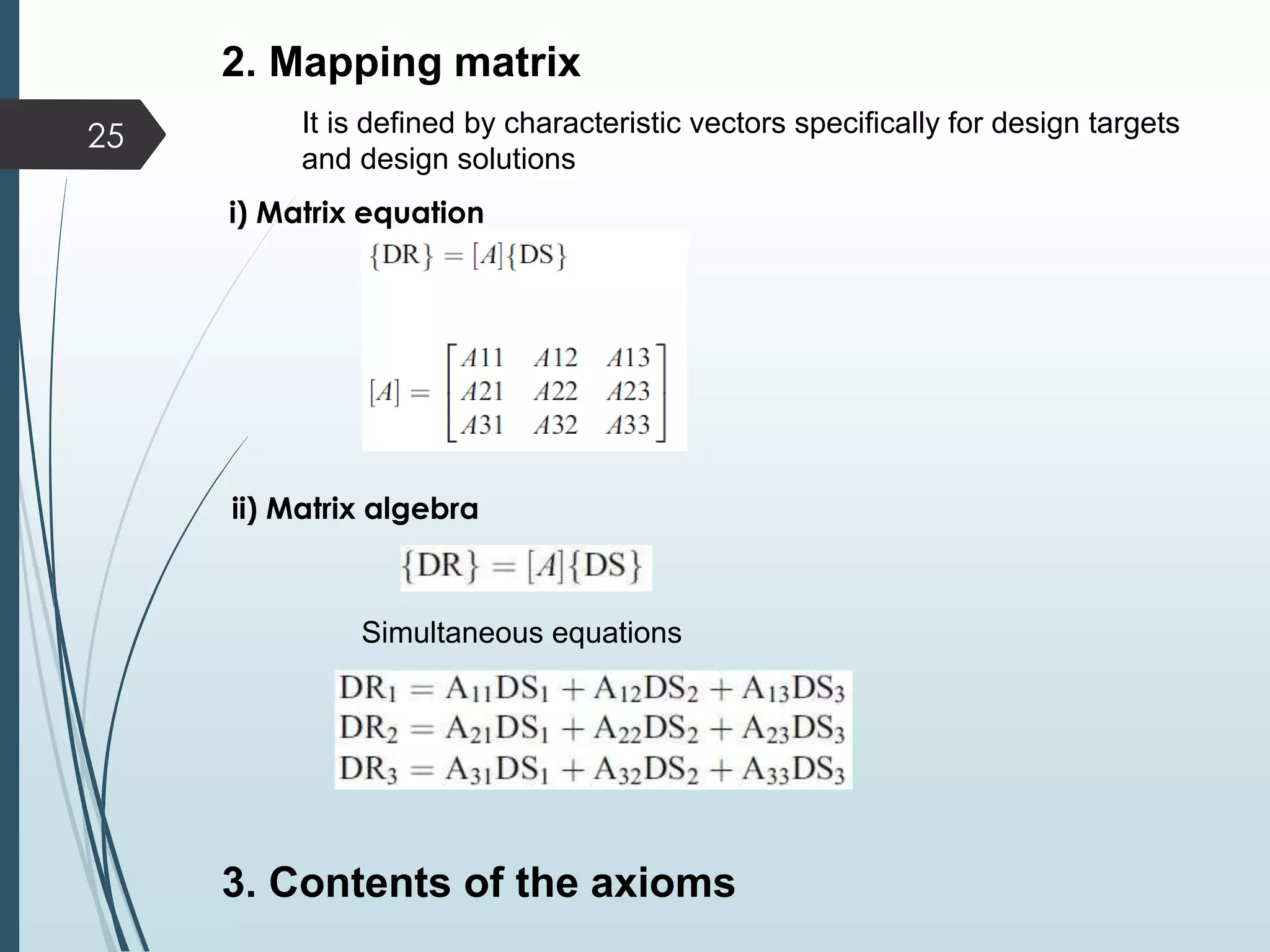 It is defined by characteristic vectors specifically for design targets
and design solutions
2. Mapping matrix
i) Matrix equation
3. Contents of the axioms
ii) Matrix algebra
Simultaneous equations
25
 
