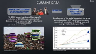 Dana
Kleinhueckelkotten, 2019
CURRENT DATA
Development of the global population, the gross
domestic product (GDP), and the consumption
respectively production of clothing, food, and
energy relative to the year 2000.
Fashion Revolution, 2015
“By 2030, fashion brands would see a profit
reduction of $52 billion across the industry
because of scarce resources, higher labour costs,
and overproduction”.
INDUSTRY CLOTHING
OVERPRODUCTION
BLIND TO CONSUMERS TRUE
NECESSITY OF
CLOTHING
Pulse of the fashion industry, 2018
 