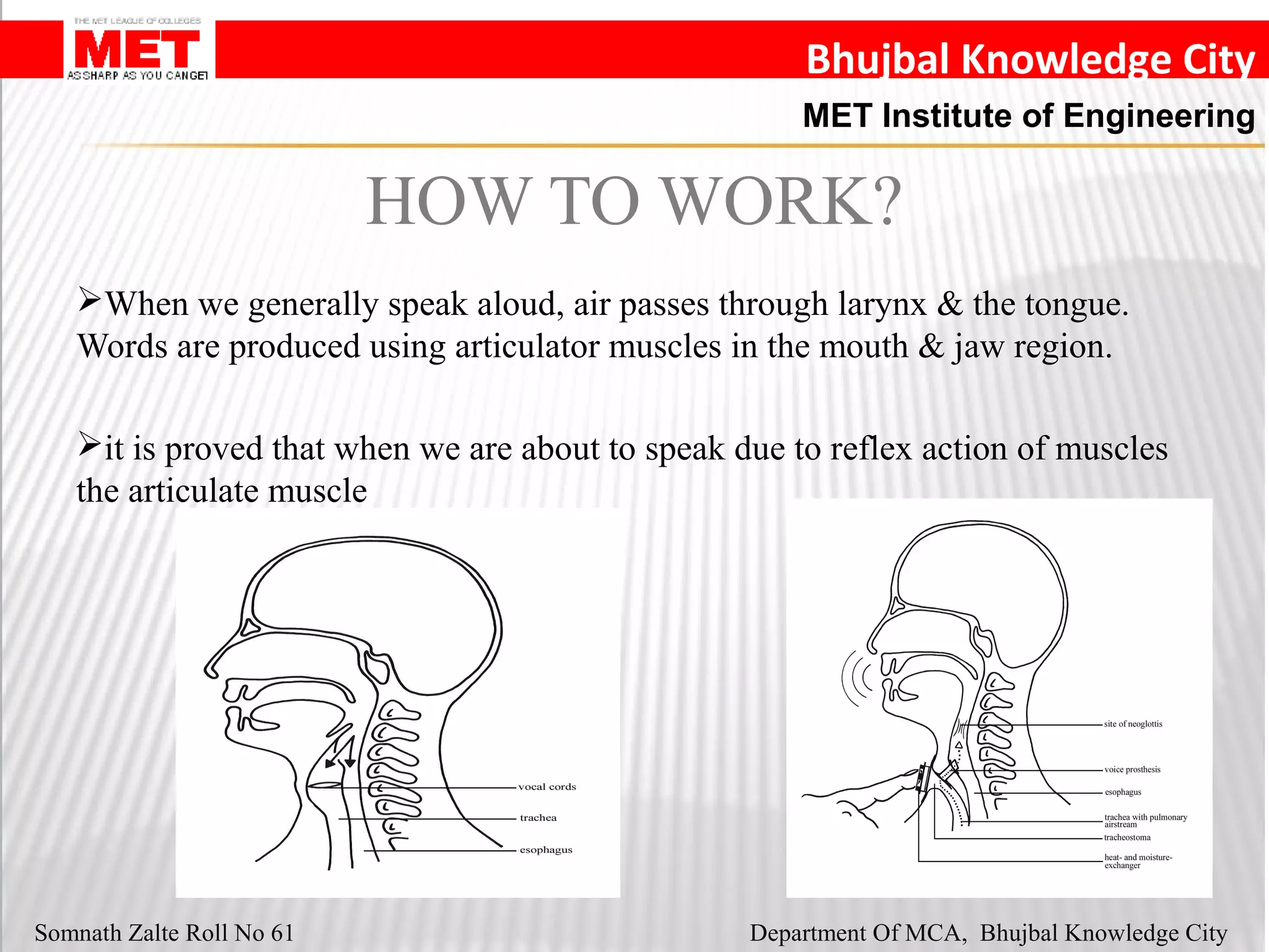 Bhujbal Knowledge City
MET Institute of Engineering
Somnath Zalte Roll No 61 Department Of MCA, Bhujbal Knowledge City
When we generally speak aloud, air passes through larynx & the tongue.
Words are produced using articulator muscles in the mouth & jaw region.
it is proved that when we are about to speak due to reflex action of muscles
the articulate muscle
HOW TO WORK?
 