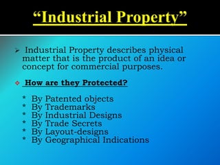 “Industrial Property”
    Industrial Property describes physical
    matter that is the product of an idea or
    concept...