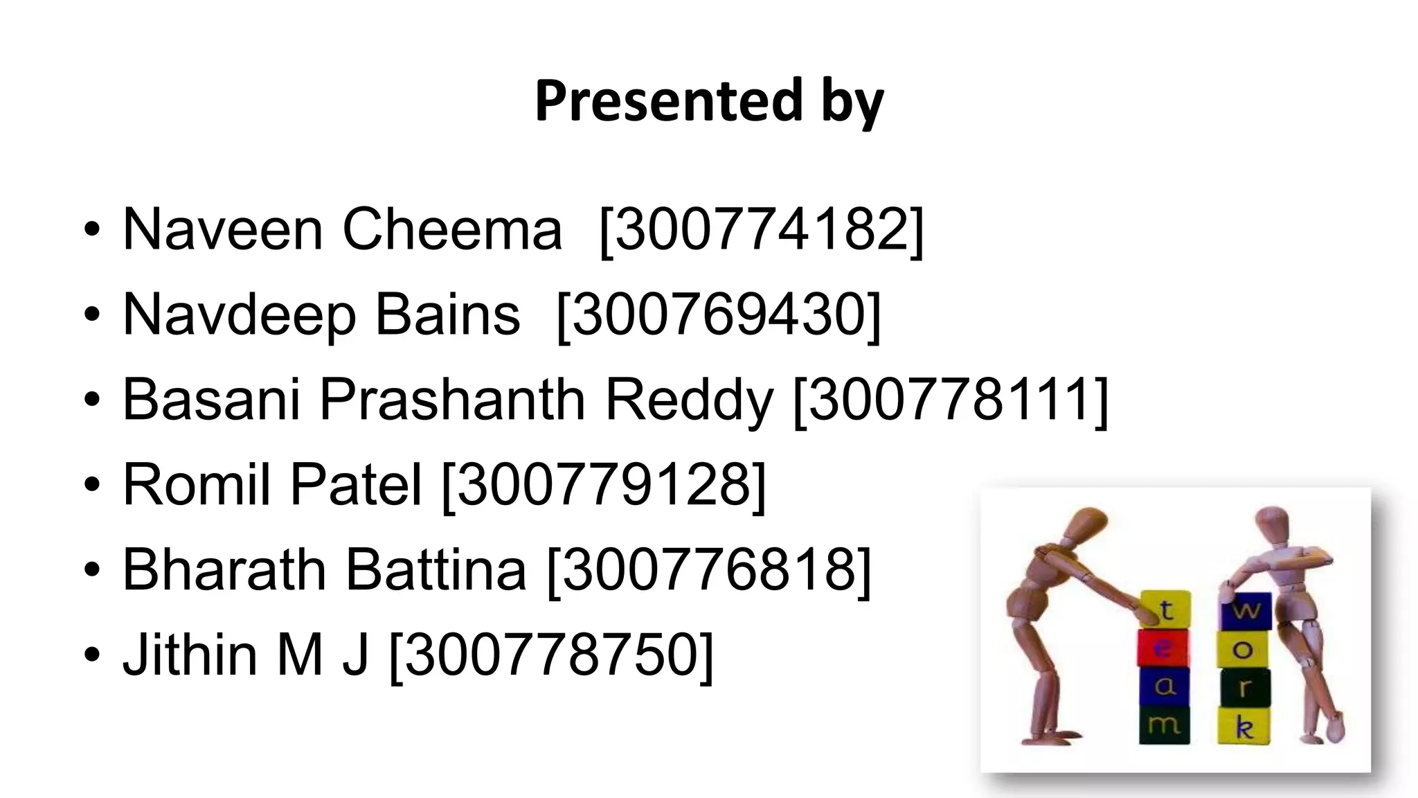 Presented by
• Naveen Cheema [300774182]
• Navdeep Bains [300769430]
• Basani Prashanth Reddy [300778111]
• Romil Patel [300779128]
• Bharath Battina [300776818]
• Jithin M J [300778750]
 