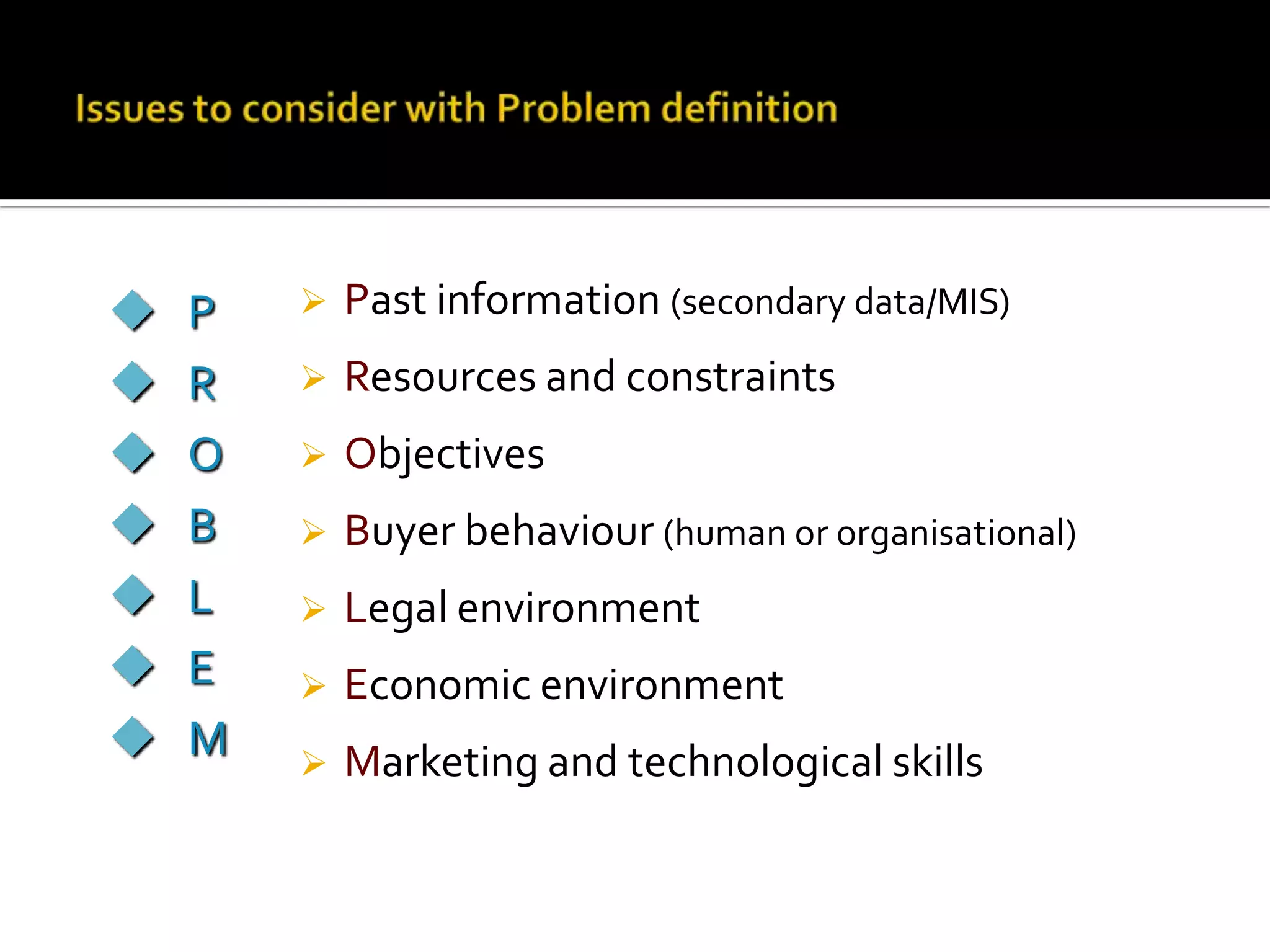 Defining Market ResearchResearch is the systematic and objective approach to investigate a specific problem that needs a solution.Research is a process by which a series of well thought out and carefully executed activities enable one to enquire, investigate or examine a problem to discover new facts to deal with the problem.