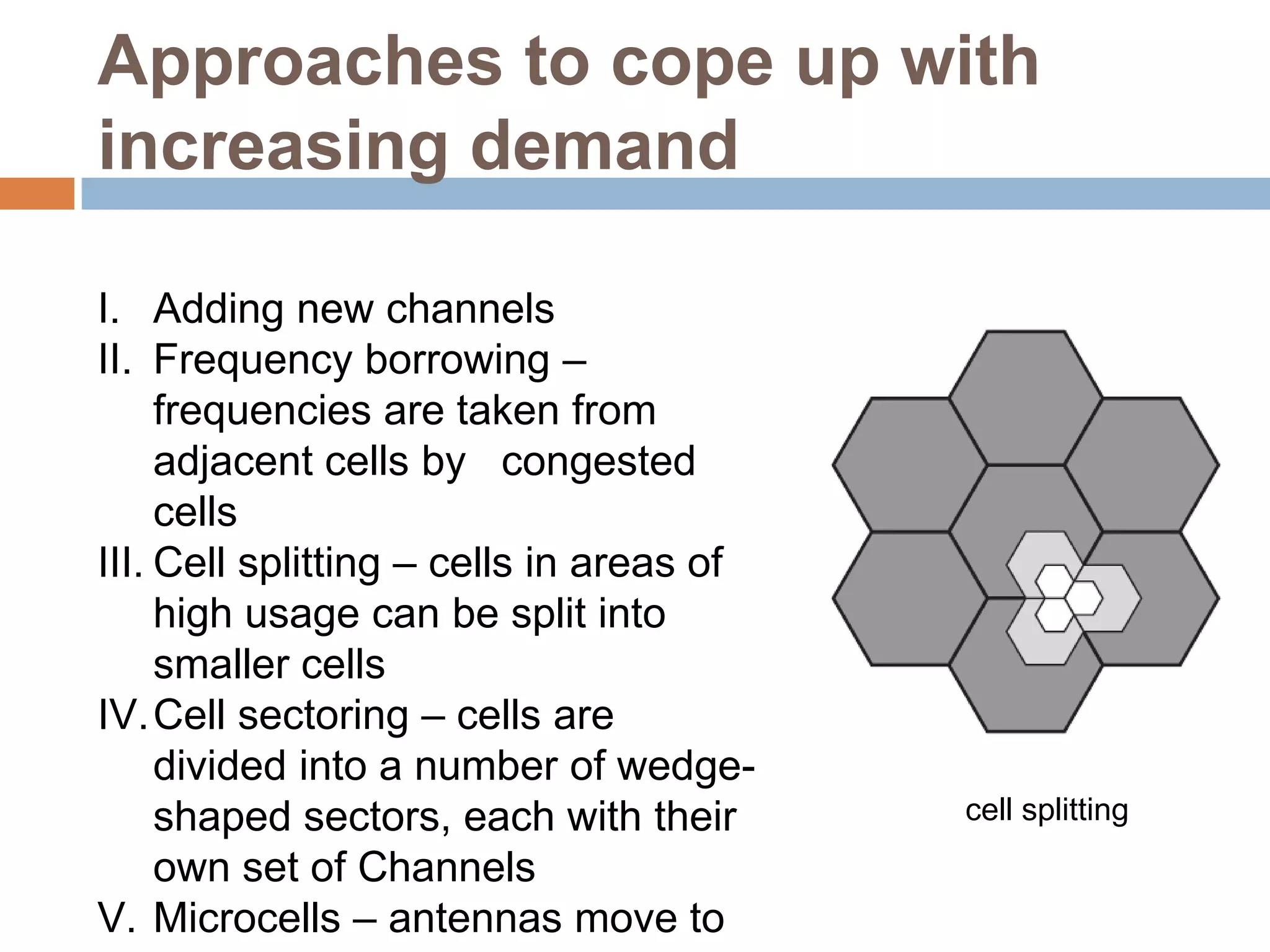 Approaches to cope up with
increasing demand

I. Adding new channels
II. Frequency borrowing –
     frequencies are taken from
     adjacent cells by congested
     cells
III. Cell splitting – cells in areas of
     high usage can be split into
     smaller cells
IV.Cell sectoring – cells are
     divided into a number of wedge-
     shaped sectors, each with their      cell splitting
     own set of Channels
V. Microcells – antennas move to
 