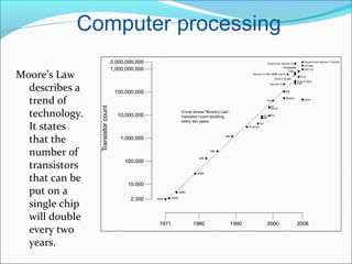 Computer processing
Moore’s Law
describes a
trend of
technology.
It states
that the
number of
transistors
that can be
put on a
single chip
will double
every two
years.
 
